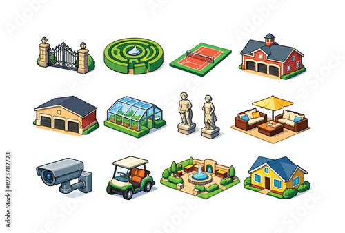 Estate. Colorful isometric vector icons set of Estate: mansion gate, garden maze, tennis court, carriage house, large garage, greenhouse,