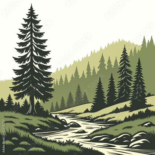 A serene landscape with a stream and evergreen trees