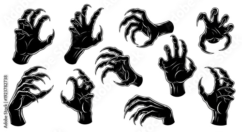 Collection of Black Silhouette Monster Claws and Hands Reaching Out.