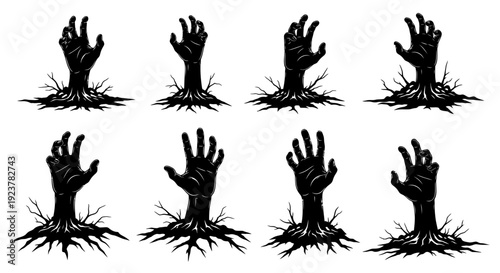 Eight black silhouette zombie hands emerging from the ground with roots and dirt.