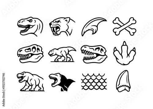 Prehistoric Carnivores Icons. Prehistoric Carnivores. Line icon set of Prehistoric Carnivores: t-rex head, saber tooth, raptor claw, fossil bones, dinosaur