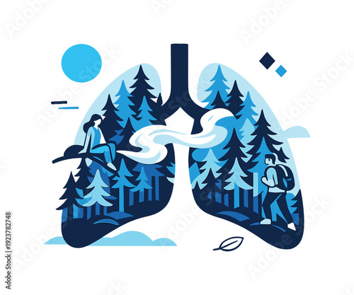 Forest lungs. Dense trees forming the shape of human lungs, soft mist flowing like breath