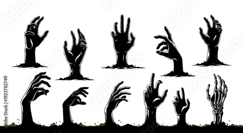 A collection of spooky black silhouette illustrations of zombie hands emerging from the ground.