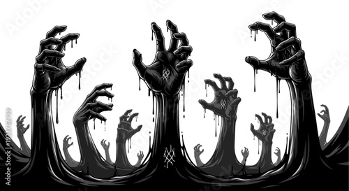 A horde of shadowy, dripping hands clawing their way out of a dark, viscous substance.