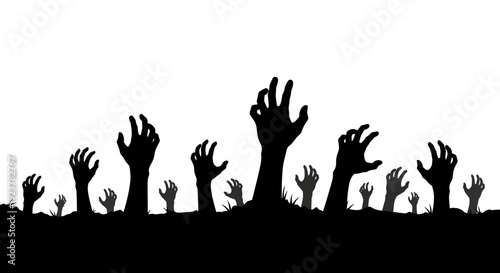 A horde of zombie hands rising from the ground in a silhouette against a white background.