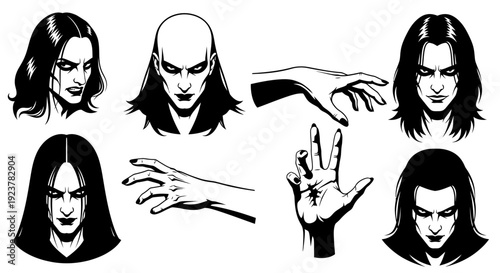 A collection of gothic-style illustrations featuring dark, intense portraits of women and various hand gestures, rendered in a stark black and white graphic style.