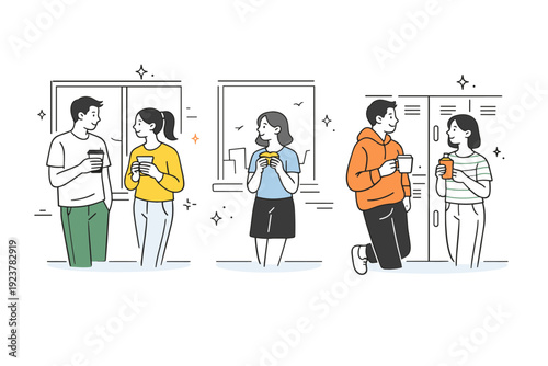 Midday pauses at work or school. Several people stand near windows or lockers, holding coffee cups or snacks. Casual break atmosphere, quiet conversations and