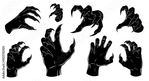 Collection of eight black silhouette illustrations of monstrous hands with sharp claws extended.