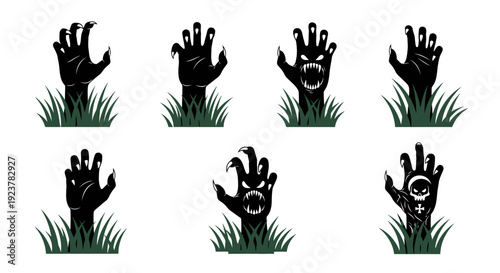 Collection of seven black zombie hands emerging from green grass, some with glowing eyes and sharp teeth.