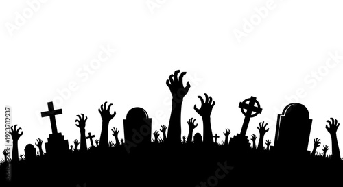 Silhouette of zombie hands emerging from the ground in a graveyard with tombstones and crosses.