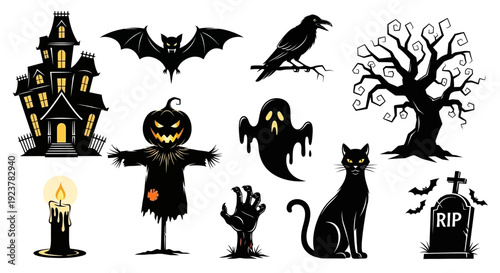 A collection of spooky Halloween-themed graphic elements including a haunted house, bat, crow, dead tree, scarecrow, ghost, zombie hand, black cat, tombstone, and candle.