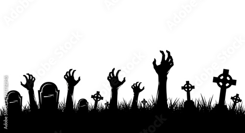 Silhouette of zombie hands emerging from a graveyard on Halloween night.