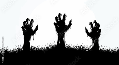 Silhouette of three zombie hands emerging from the ground with dripping slime under a full moon.