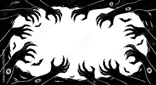 A spooky Halloween illustration featuring numerous shadowy hands with sharp claws reaching inwards around a central empty space, with bats flying in the background.