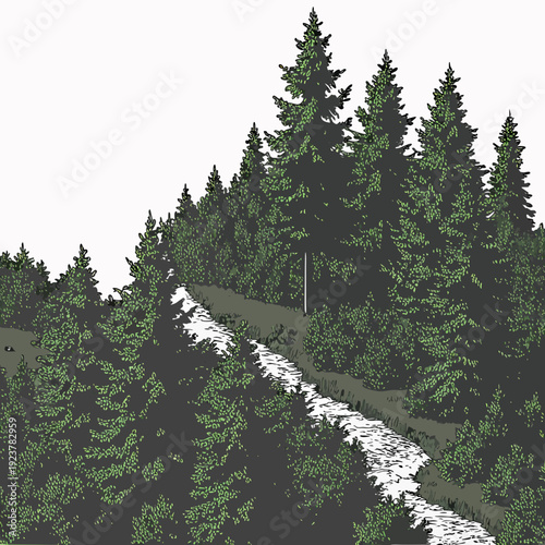 A pixelated image of a small stream running through a forest