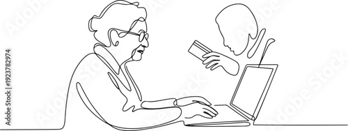 Continuous one line drawing grandma typing on laptop and thief taking credit card from behind screen. Hacking. Data. National Senior Fraud Awareness Day. one line Icon drawing