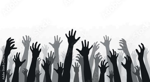 A diverse group of raised hands in various shades of gray against a white background, symbolizing unity and participation.