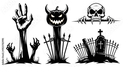 A collection of spooky Halloween-themed graphic elements including a zombie hand, a devilish pumpkin, and a skull with fangs.