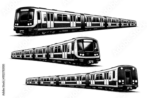 Subway tram articulated multi-car tram. A long articulated subway tram composed of multiple connected cars with flexible joints presented as