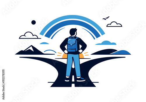 New beginnings. Individual standing at a crossroads choosing a new path, sunrise circles and