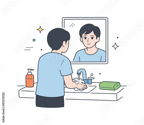People seen in mirrors indirectly. A person washes hands at a sink while their eyes meet the viewer only through the mirror. Everyday routine