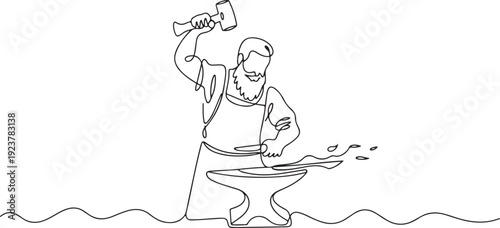 Continuous one line drawing bearded blacksmith in apron forging blade on the anvil. Smith working with hammer and anvil. Historical, fairytale craftsman. one line Icon drawing