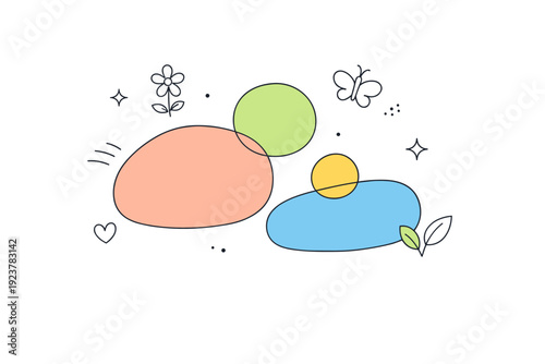 Spring minimal abstract design. Rounded shapes and soft curves floating lightly, creating a sense of warmth and simplicity. Calm and optimistic seasonal