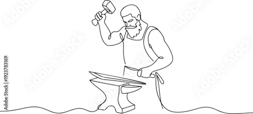Continuous one line drawing bearded blacksmith in apron forging blade on the anvil. Smith working with hammer and anvil. Historical, fairytale craftsman. one line Icon drawing