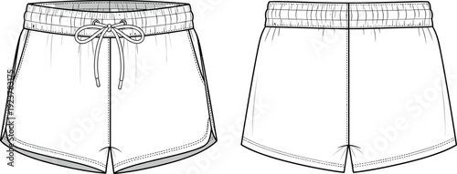 Blank female athletic running shorts technical fashion flat sketch front and back view vector illustration template for apparel tech pack