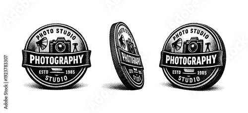 Photography studio badge logo. A realistic photography studio badge logo shown as a single object from three different angles: front view,