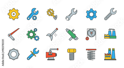 A Collection of Colorful Vector Icons Representing Tools and Mechanical Components