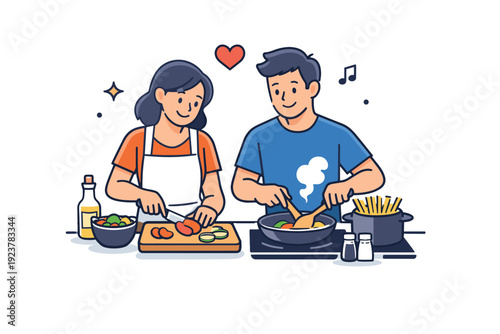 Couple cooking dinner together in the kitchen sharing a relaxed moment while preparing food side by side, expressing warmth, teamwork and everyday intimacy at