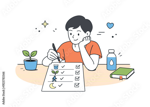 Home routine checklists visuals ? daily habits tracking. A calm scene with a person checking off small habit icons like water, plants, or