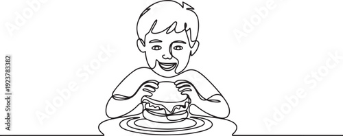 Single one line drawing young boy having hamburger meal with hands around table. Enjoy and happy lunch when hungry. Delicious fast food. one line Icon drawing
