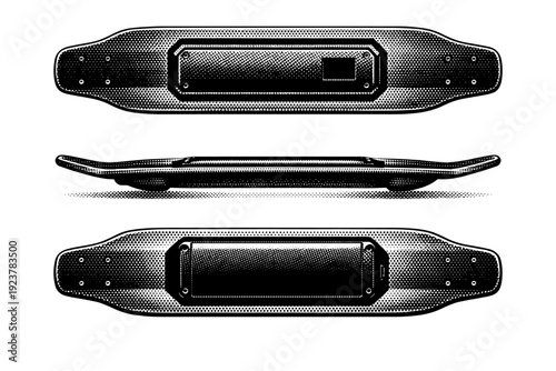 Skateboard top view electric skateboard deck. A modern skateboard deck with integrated battery housing outline and clean elongated form