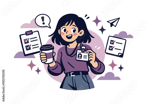 First day energy. Person holding a coffee and ID badge, checklist icons and stars floating