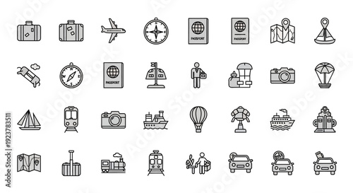 A collection of stylized icons related to travel, exploration, and global adventures.
