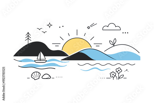 Graphic design trends nature inspired design example. Landscape-inspired shapes like hills, sun, and waves arranged in a modern layout. Calm