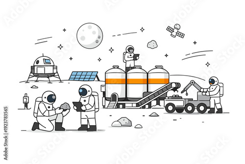 Future lunar industry. Simple structures, storage modules, and astronauts working together on the Moon?s surface. The mood is calm and