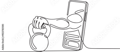 Continuous one line drawing bodybuilder hand holds kettlebell through mobile phone. Smartphone with fitness games app. Mobile sports stream championship. one line Icon drawing