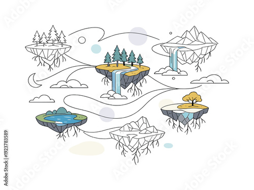 Surreal environmental art: floating nature fragments. Pieces of forests, lakes and rocks