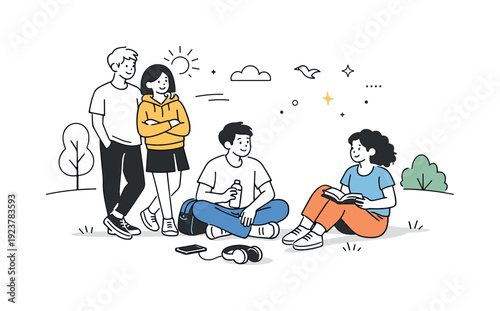 Teen leisure without stereotypes. Small group of teens quietly hanging out in a park, some sitting, some standing, all relaxed. Natural