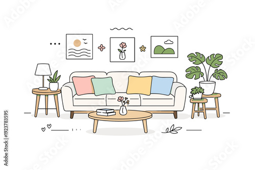 Spring living room decor. A clean scene showing a sofa with pastel cushions, indoor plants, and simple wall art arranged neatly. The illustration conveys