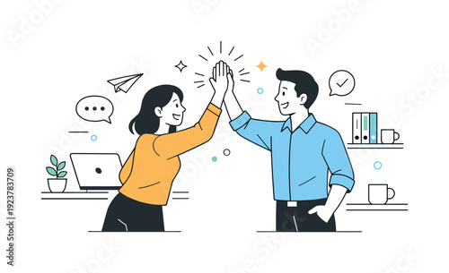 High five friendly office culture. Colleagues exchanging a casual high five in an open office, showing trust and positive work culture. The