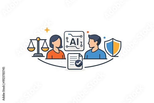 Ethical review of artificial intelligence systems a calm editorial style badge showing human figures balanced around a neutral AI icon,