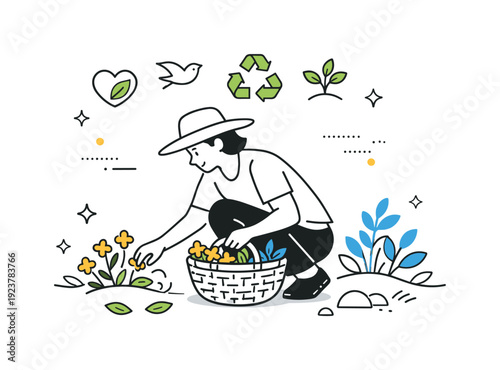 Gardener collecting flowers in a basket, surrounded by nature and eco symbols
