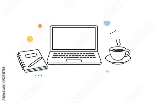 Editorial line art lifestyle. Simple outlined objects like a laptop, notebook, and coffee cup arranged in a tidy flat composition. Quiet everyday moment with
