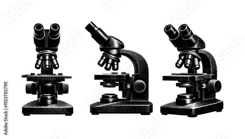 Microscope silhouette element. A compound microscope form with eyepiece and base structure is shown from three different angles: front view,