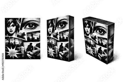 Layered halftone collage block shown as a single graphic overlay object displayed in front view, slight side view, and three-quarter angled view to emphasize