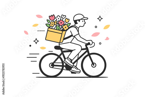 Spring flower delivery in progress. Courier riding a bicycle or walking with a delivery bag full of blooms, sense of motion and light energy, abstract petals